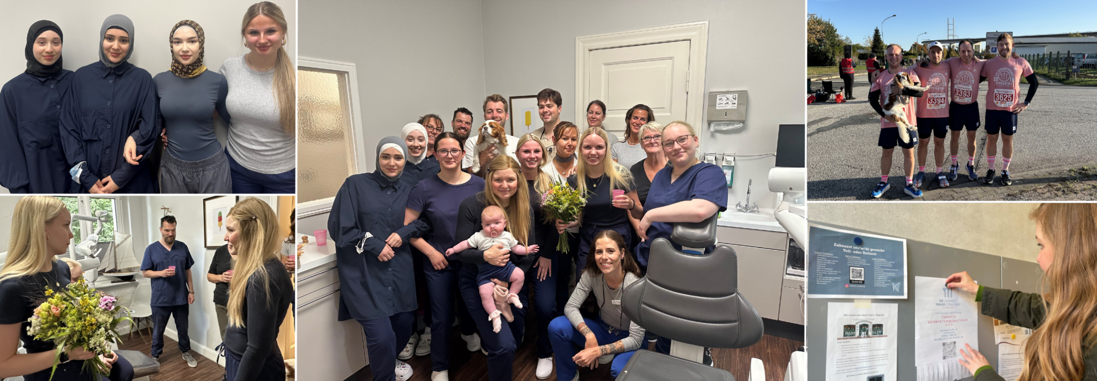 Intro Photo: Engagiertes Team der Zahnarztpraxis Stralsund Dr. Stefanie Motz: Mitarbeiterinnen und Mitarbeiter bei gemeinsamen Praxisfeiern, Fortbildungen, sportlichen Events und Aktionen für Patienten – ein vielfältiges, motiviertes Praxisteam, das sich mit Herz um Zahngesundheit und Wohlbefinden kümmert.